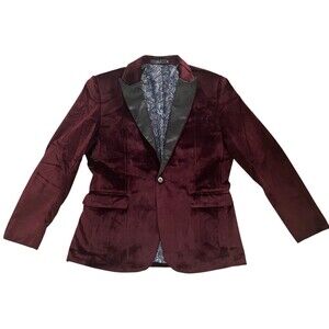 Men’s M Burgundy Velvet Dinner Jacket W/ Black Peak Lapel 1 Button Closure Thwei